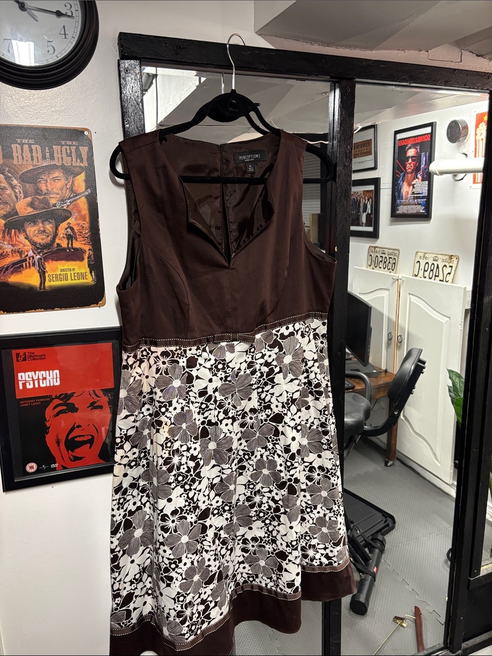 Perceptions Brown and White Floral A-Line Skirt Dress